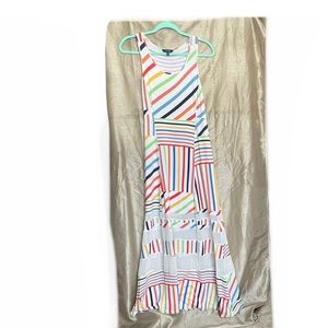 Colorful rainbow maxi dress with striped detail to accentuate curves